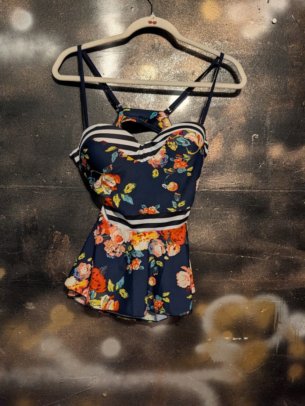 Floral Navy Peplum Tankini Top with Stripe Accent - Picture 7 of 10